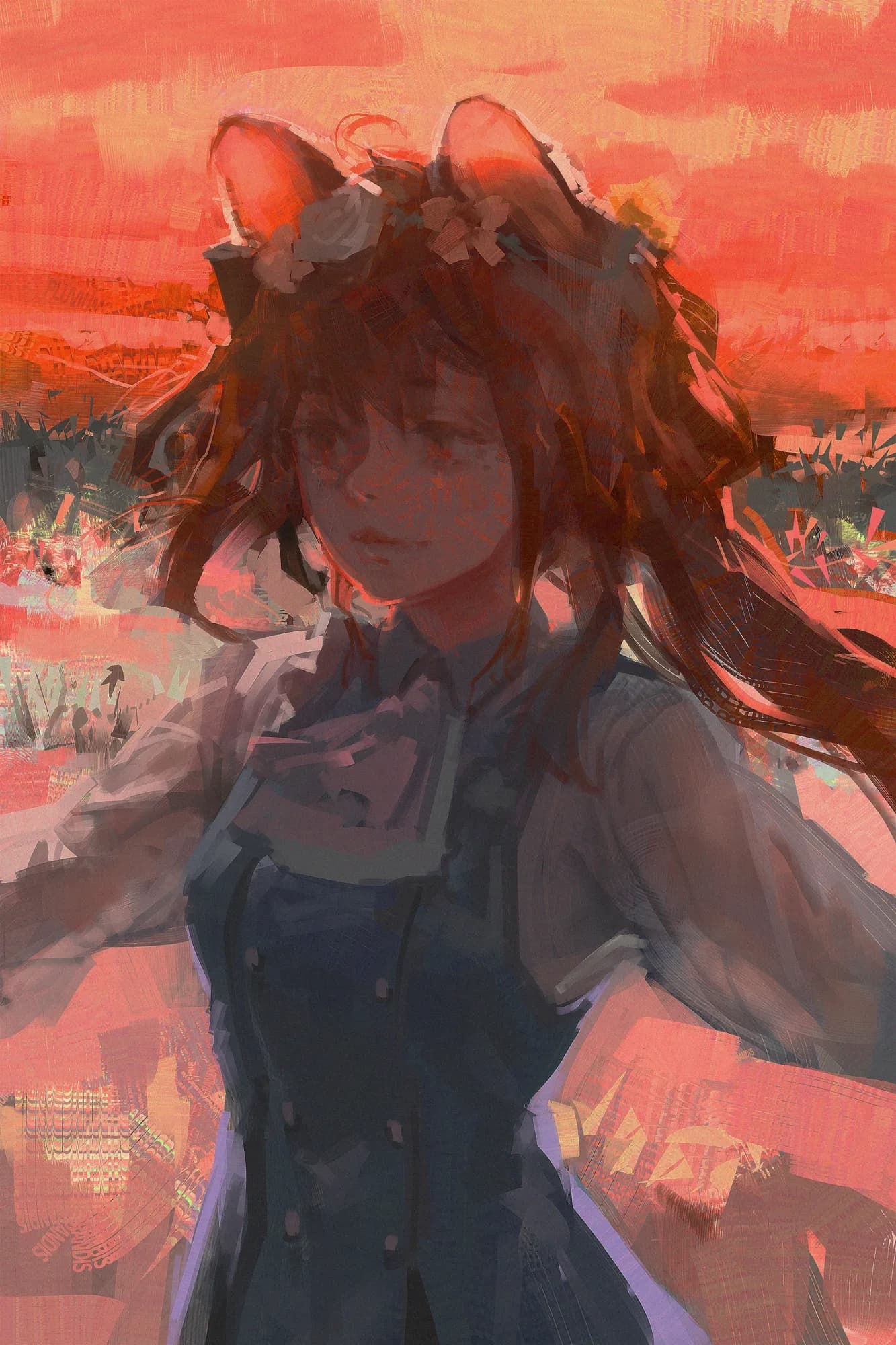 A dark-haired figure beneath an orange-red evening sky