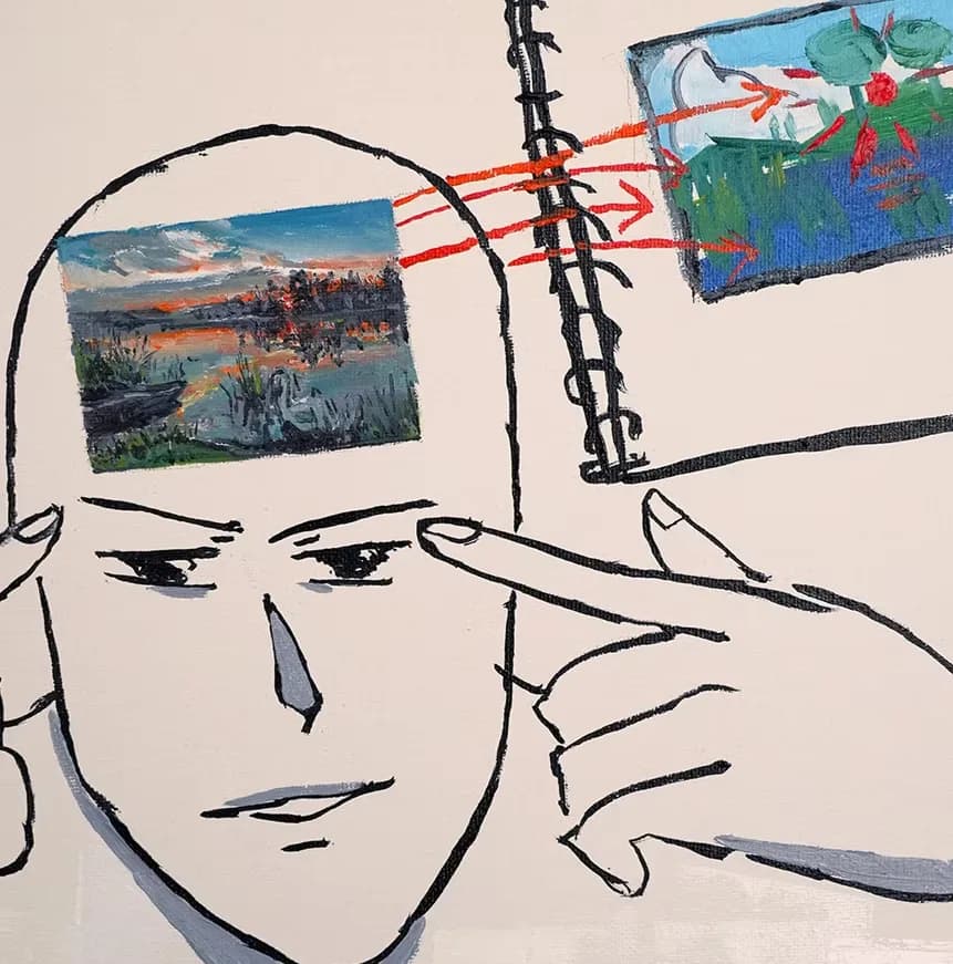 A painted figure pointing at their head, where a small landscape painting sits