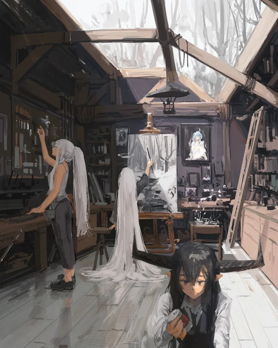 Pluvium's painting of artists working inside a sunlit timber workshop